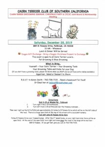 Read more about the article Cairn Terrier Club of Southern California Grooming Seminar, Christmas Party  & CTCSC Joint Board & Membership Meeting